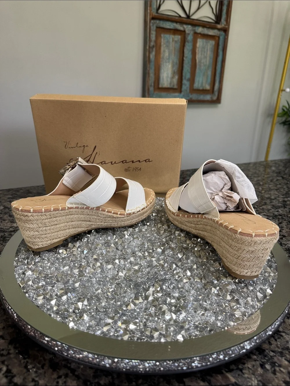Vintage Havana Robin White Croc-Texture Espadrille Wedge Sandals Buckle NEW 7